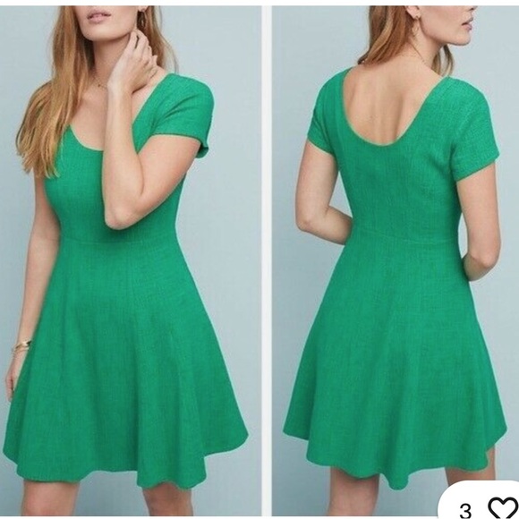 ANTHROPOLOGIE MAEVE GREEN SHORT SLEEVE FIT & FLARE NOVA TEXTURED DRESS L NWT - Picture 1 of 6